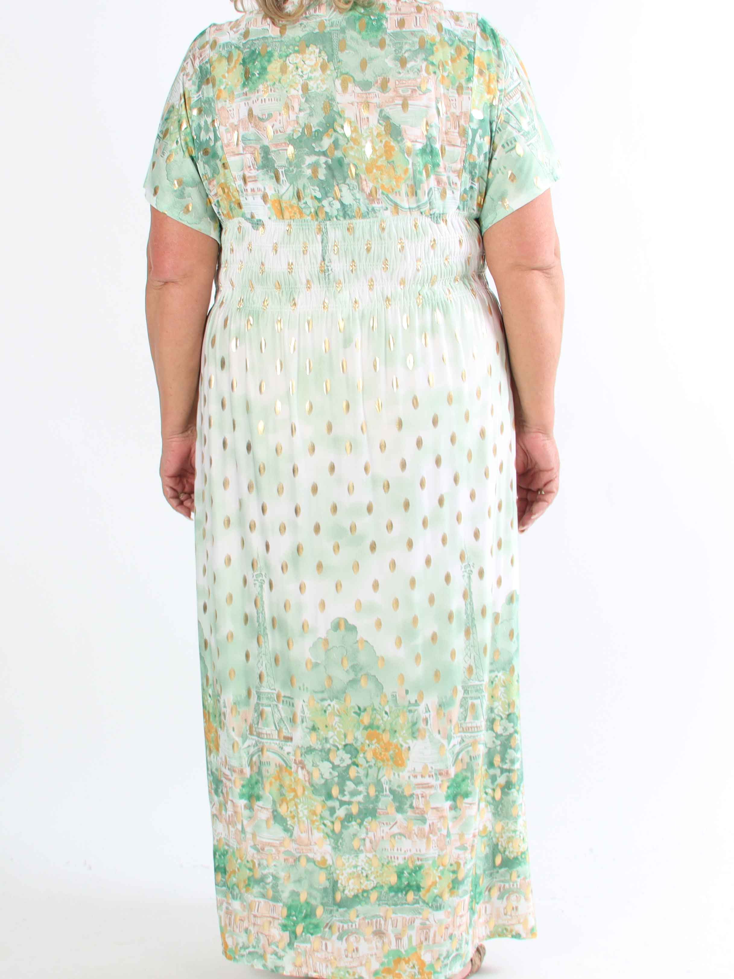 Pams Paris - Lang elastisk plus size kjole med guld dutter